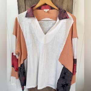 POL Women's Colorblock V-Neck Top Retro Style SZ Medium